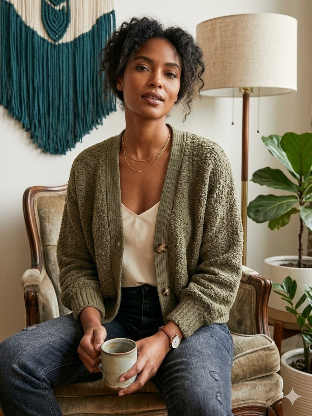 Pink Rose Olive Green Chunky Button-Front Cardigan